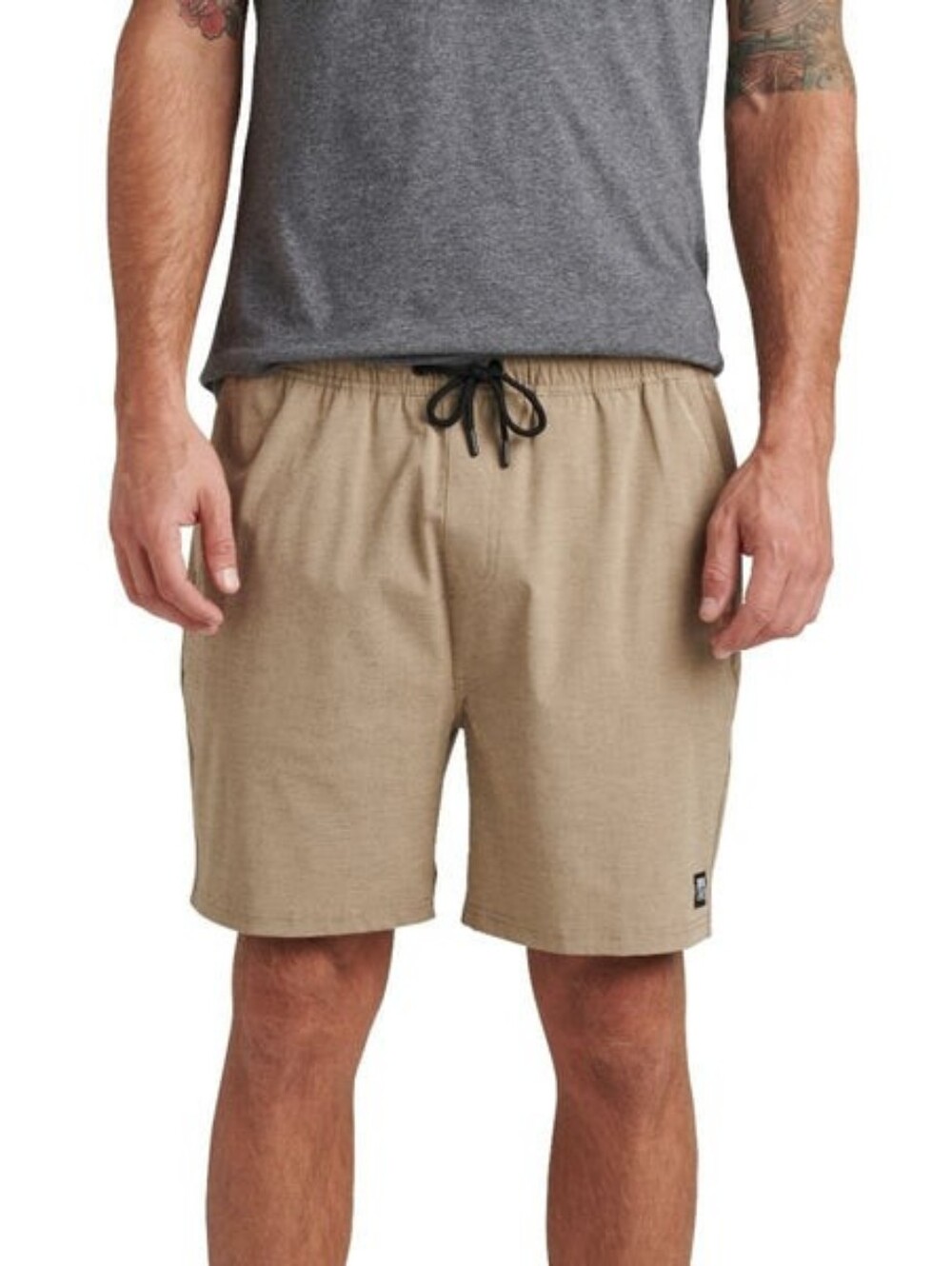 Reef Men's Athletic Elastic-Waist Shorts in Taupe with Black Drawstring